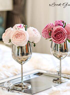 真花假花装客厅玫瑰花束仿花艺高脚杯摆件干花花餐桌花北欧饰ILJ