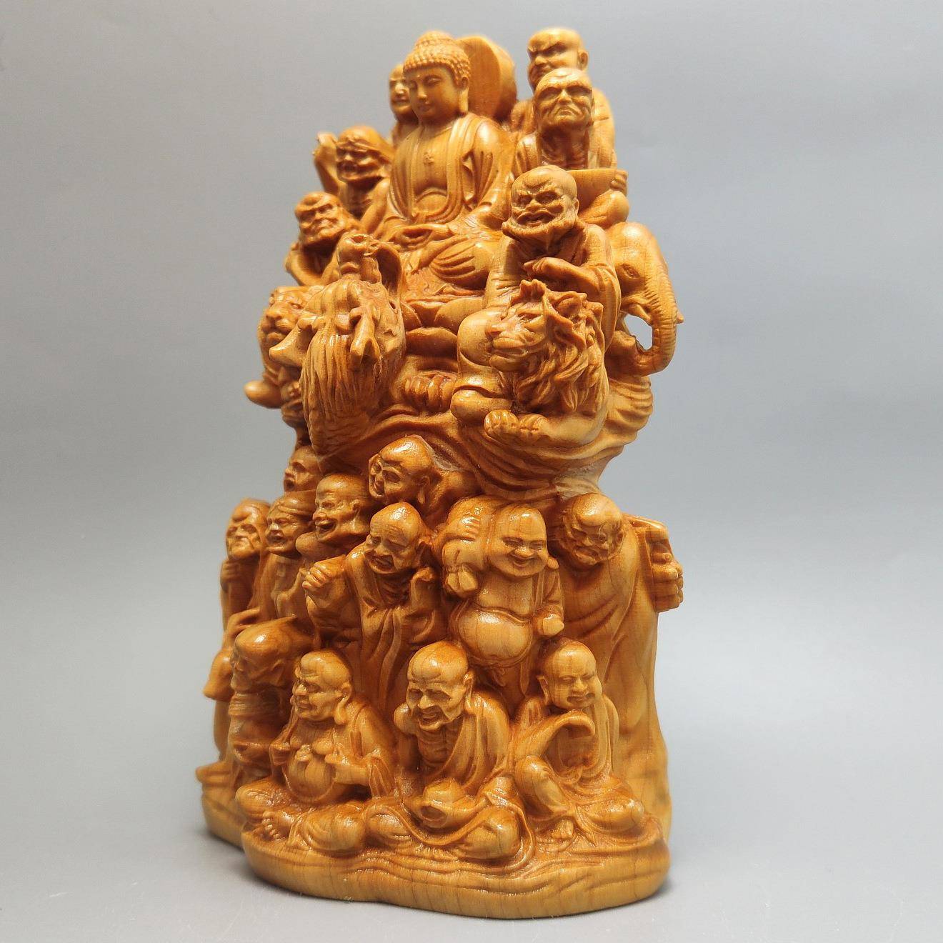 崖木雕十八罗2022.6.1汉佛像摆件实木雕刻十八柏家降龙伏虎居迁工