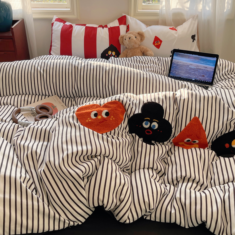 水洗棉毛巾绣四h件套学生宿舍单人被套床单床笠卡通床上用品三件