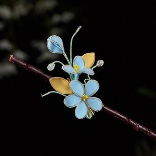 手工非遗绒花中国风花朵发夹古风精致蓝色布艺边夹汉服头饰发饰