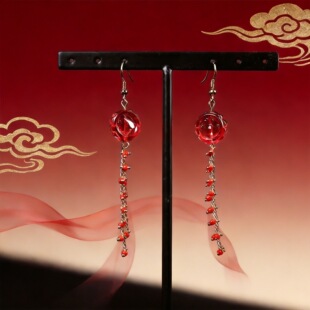 新中式耳环红色花朵流苏耳环女有机玻璃长款垂坠气质百搭旗袍耳饰