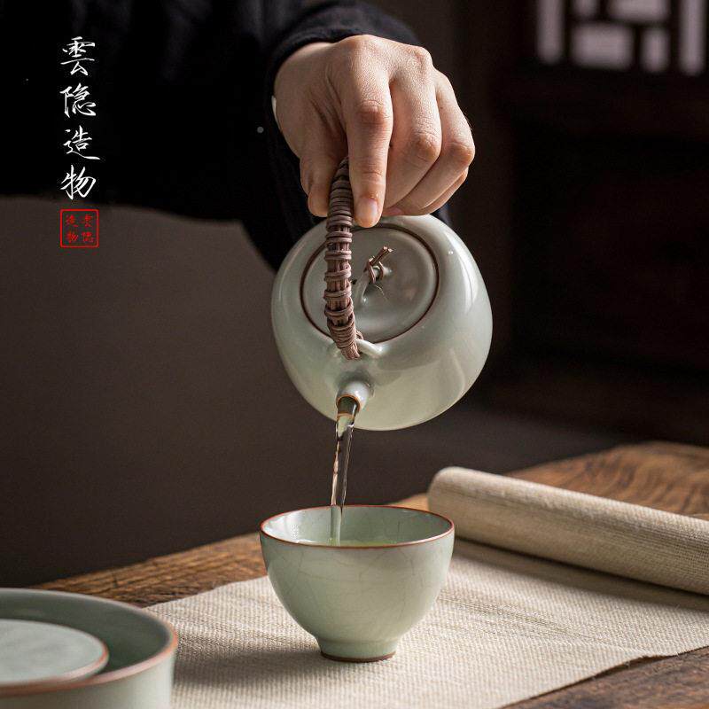天青8148-ZH-汝窑泡壶小号梁壶藤编开片提汝瓷小壶茶中式茶壶冰裂