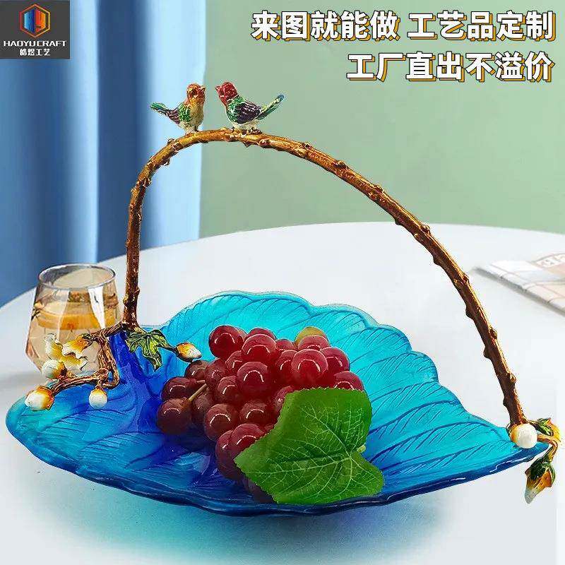 意家创用水果盘高颜制水果盘值果盘子琉璃轻奢装饰喜鹊鸟复古铜水