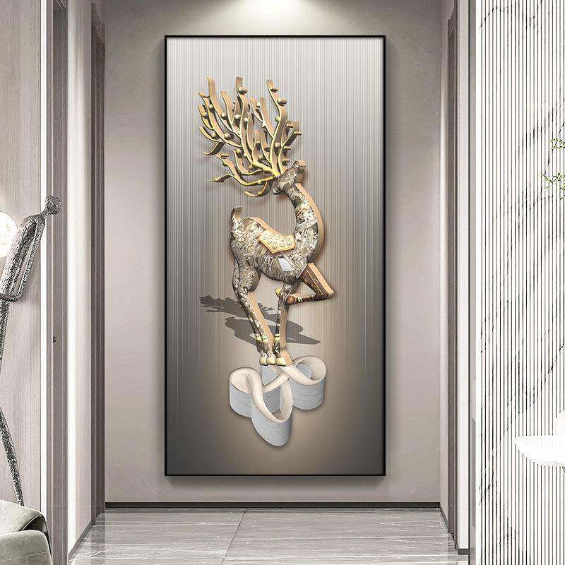 轻奢现玄代关装饰MQK画入户走廊版过道简约挂福画五招财鹿竖晶瓷
