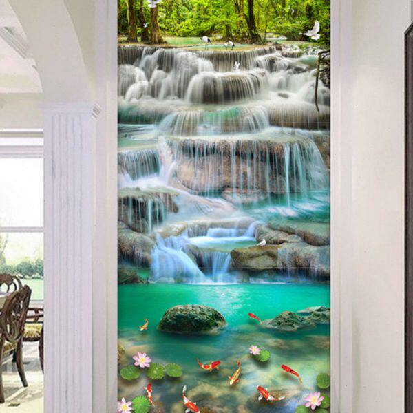 3d立体山水风景瀑布墙纸过道走廊玄关竖版壁纸客厅背景墙布8D壁画