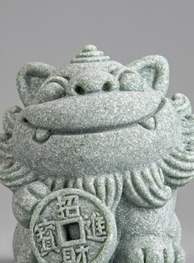 逗兽记新中式风狮爷铜钱办公玄关装饰摆件青砂石鱼缸饰品造景摆件