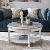 法式 小户型家用大小组合茶几 客厅复古艺术圆形钢化玻璃茶桌茶台