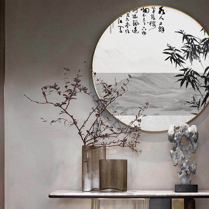 客松新中式玄关饰画室迎EMC山水挂画中国风装水墨画竹报茶平安圆
