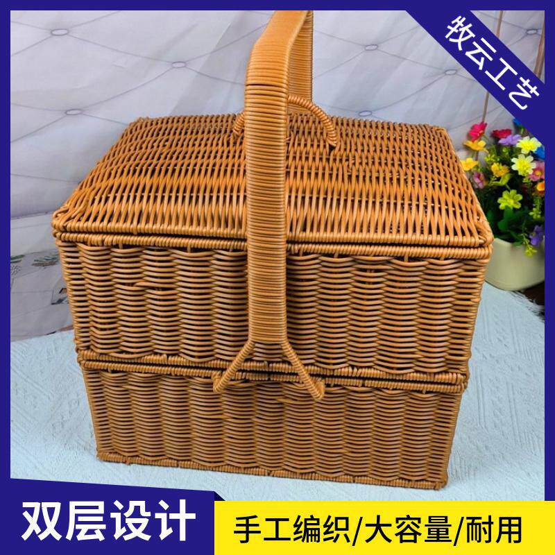M55双层户外野餐篮家用手工藤编送餐篮方形拜拜篮竹编篮两层有盖