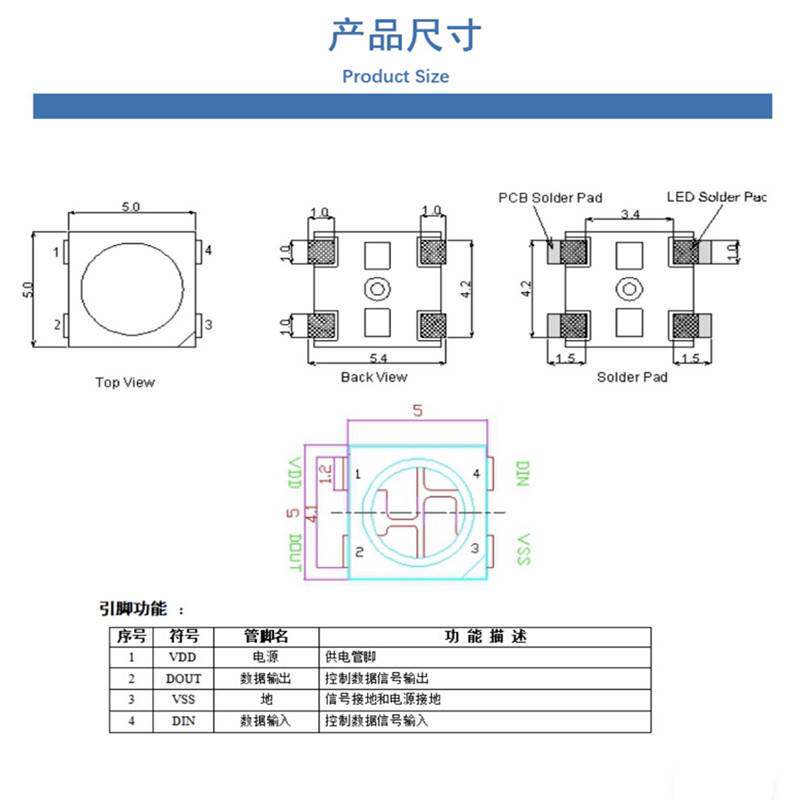 高亮5050幻彩5V单点控制 W2812B内置驱动IC集成 4脚led可编程灯珠