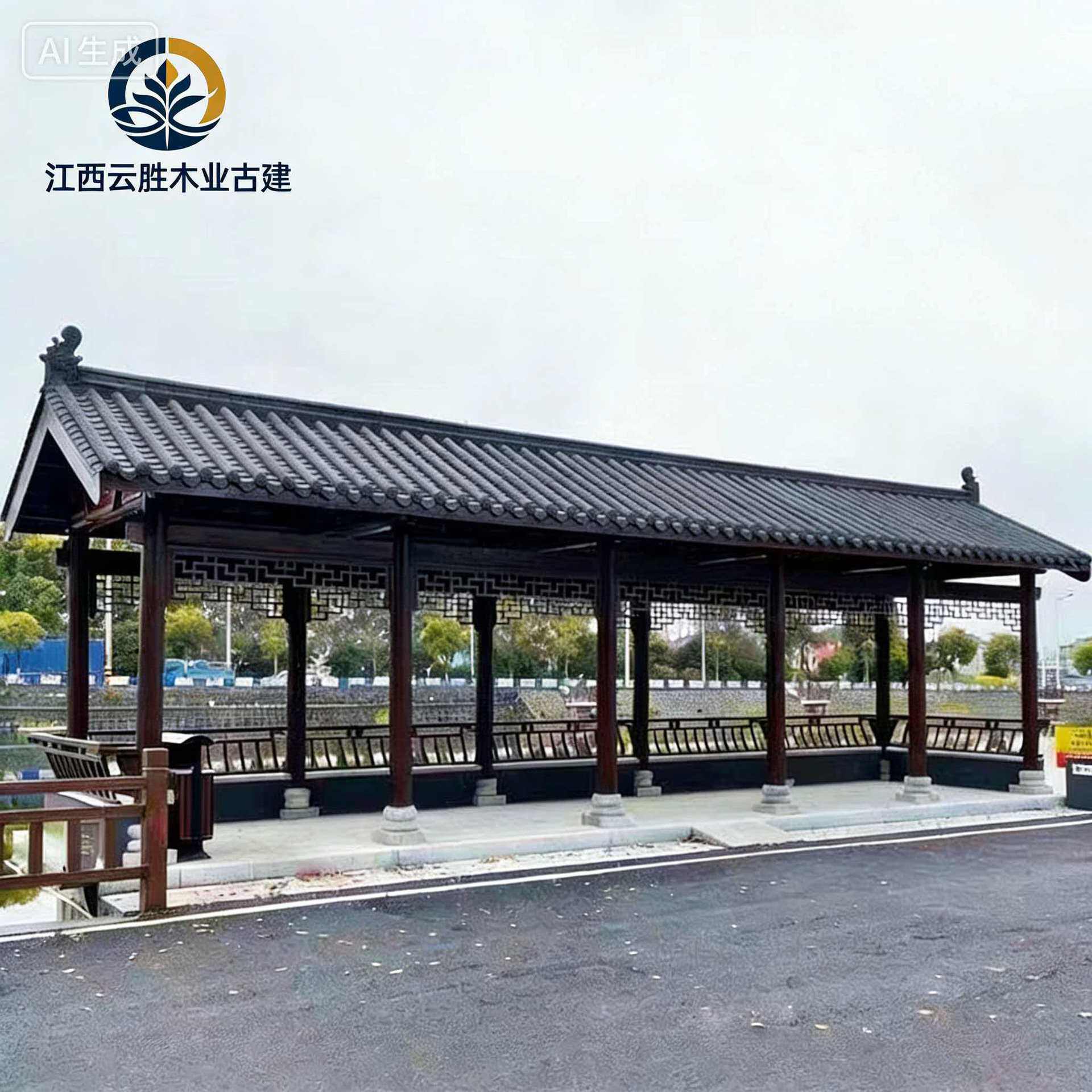 实木走廊休闲长廊走廊仿古户外长廊古建文化长廊庭院别墅风雨连廊