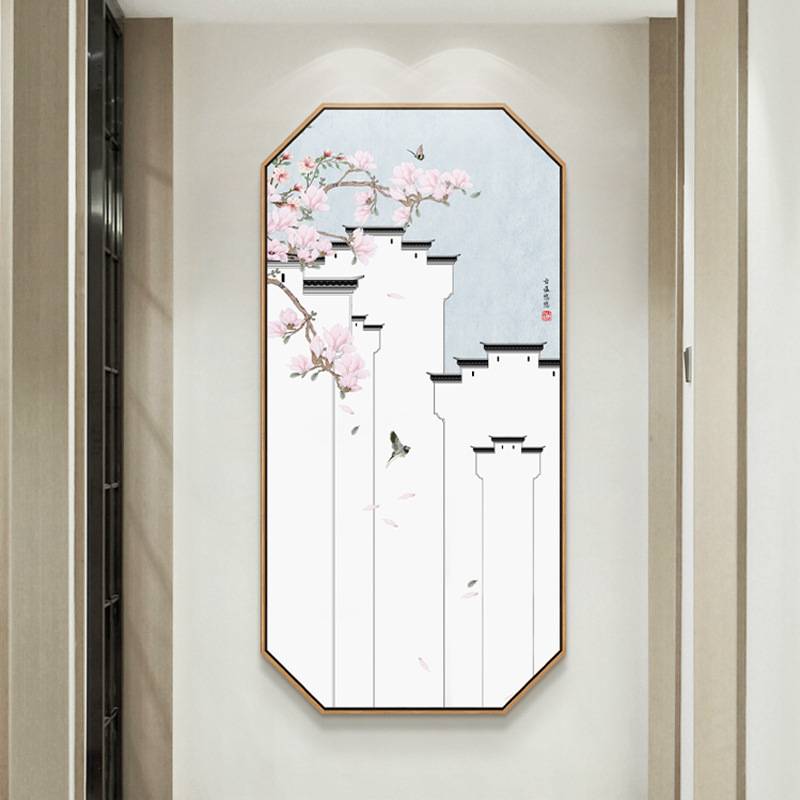 新中式入户玄关装饰画中国风徽派建筑墙面壁画过道走廊花鸟挂画