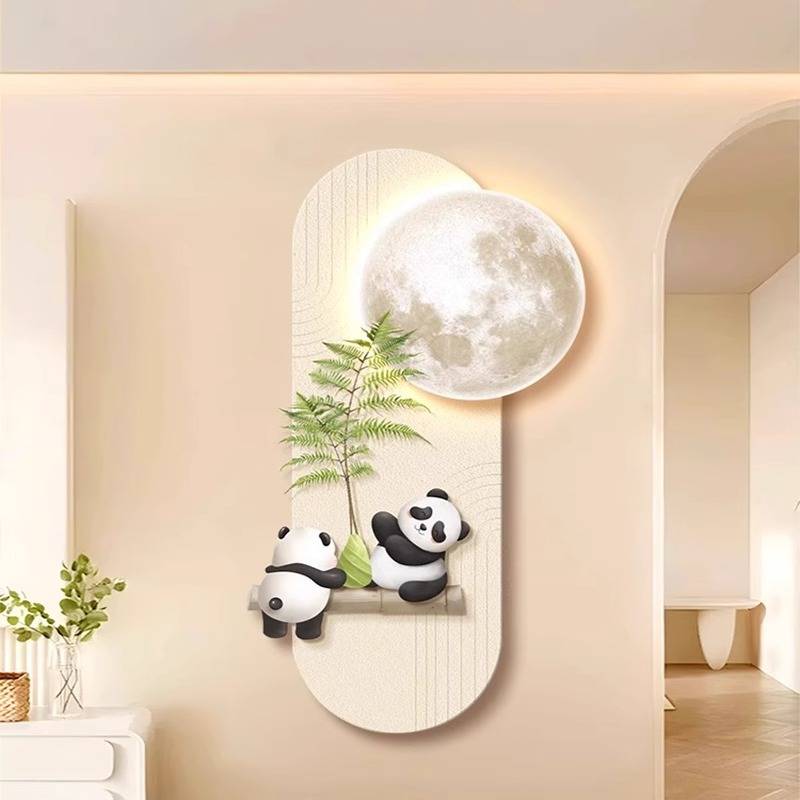 可爱熊猫玄关装饰灯画客厅奶油风入户正对门壁画走廊过道竖版挂画