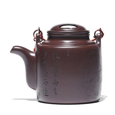 宜兴原矿百目紫泥全手工刻绘紫砂壶 牛盖洋桶提梁茶壶大容量茶具