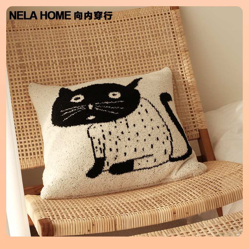 ?O6AM  设计师双面大呆猫半边绒针织沙发毯子抱枕办公室午休毯