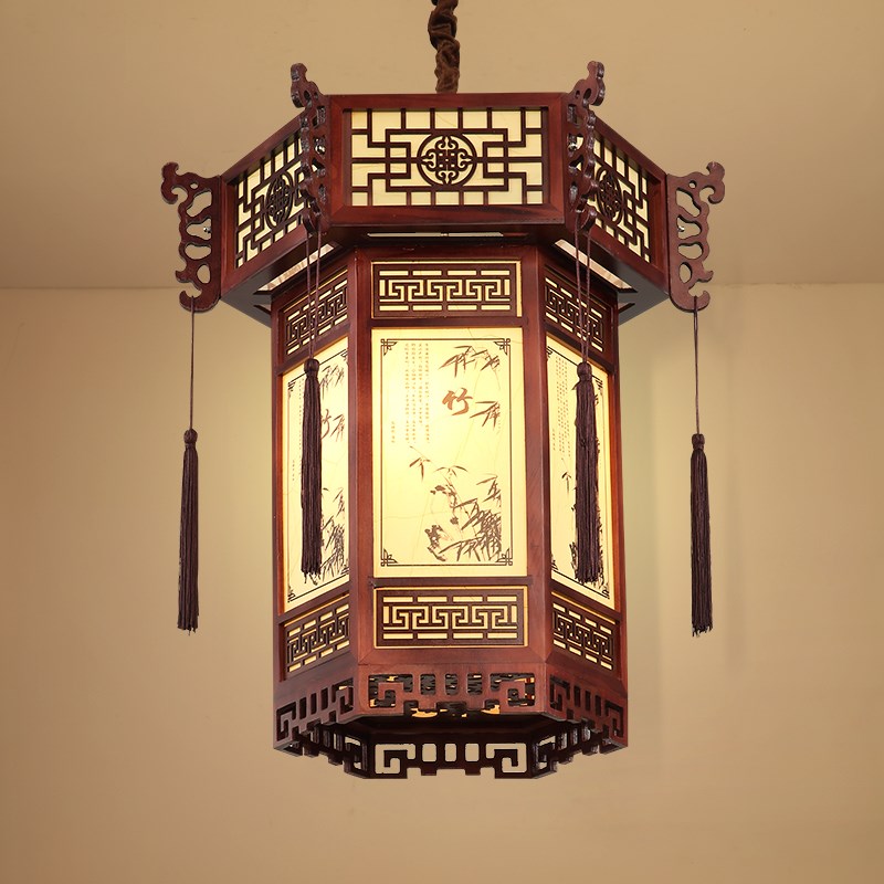 中式仿古实木六角宫m灯寺庙祠堂中国风建筑走廊红灯笼吊灯门头亭