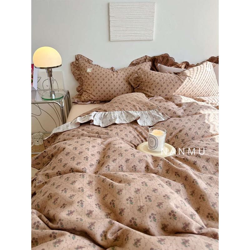 揉碎的月光覆古咖色小碎s花全棉双层纱四件套柔软花边裸睡床品2m