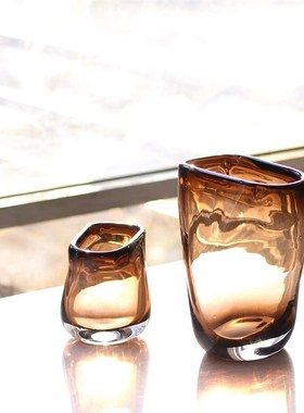 简约轻奢风琥珀色玻璃花瓶 酒店样板间软装饰品客U厅茶几插花花器