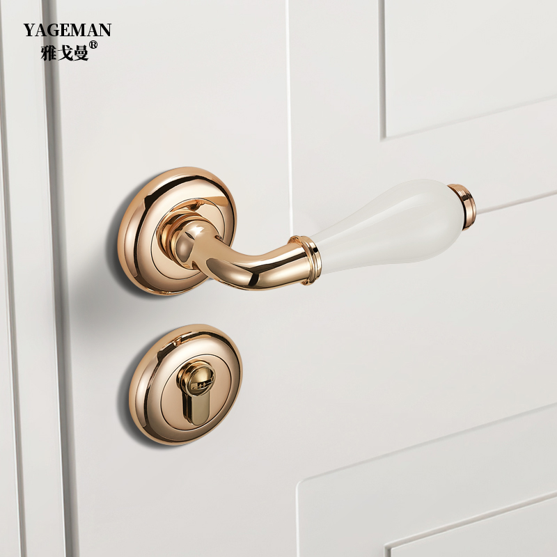 雅戈曼【陶瓷门把手m】卧室实木门锁欧式磁吸静音房门锁室内两件