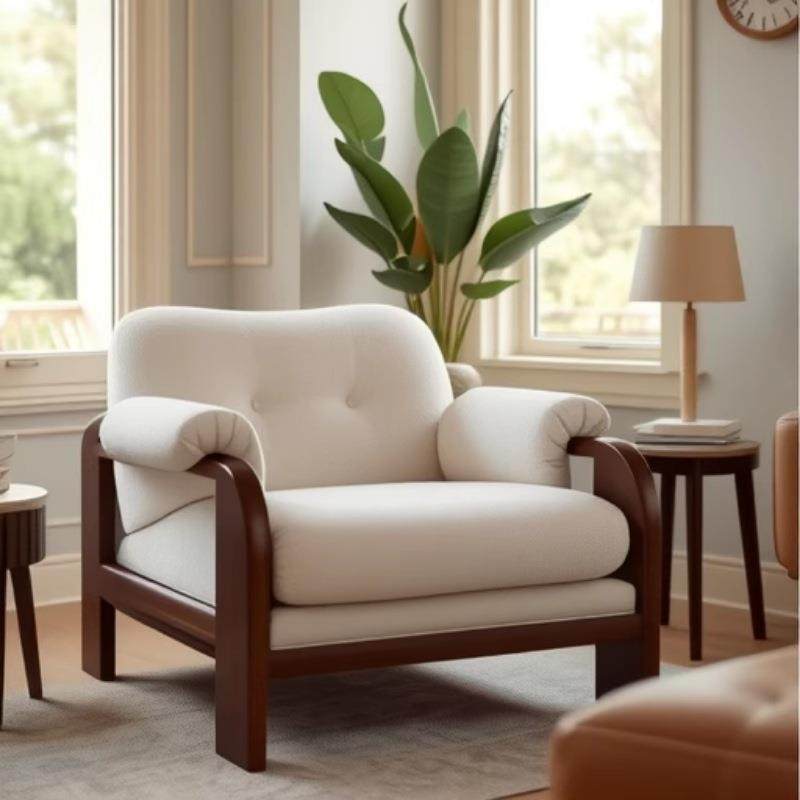 家用复古设计师中古风单人沙发民宿休闲椅红胡桃白蜡木实木沙发椅