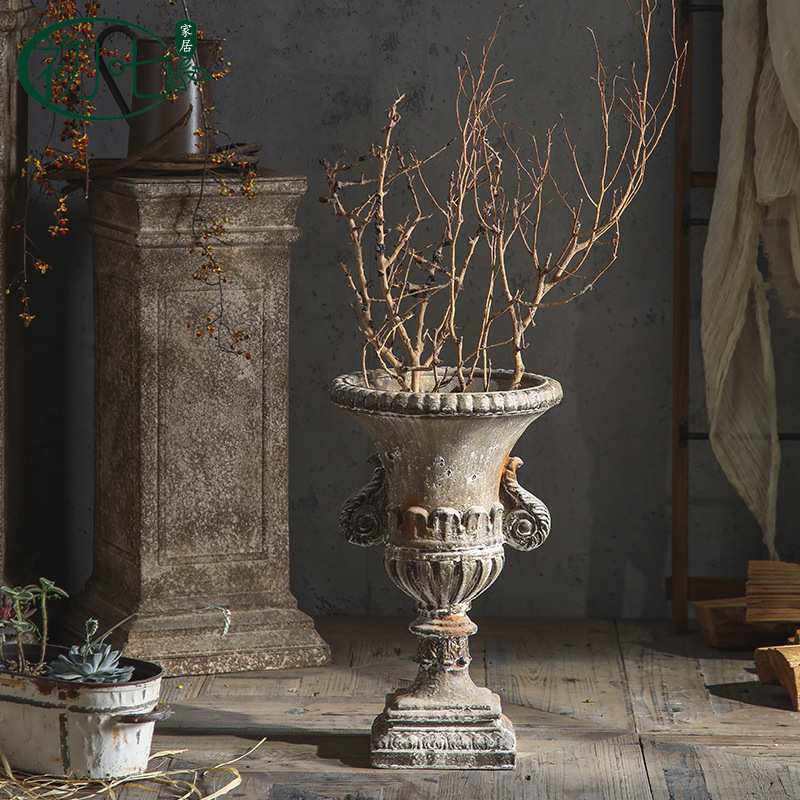 哥特式复古落地花瓶做旧雕花艺术花盆摆件婚庆布置橱窗陈列饰品