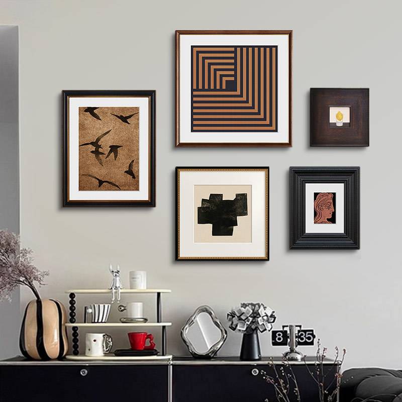 法式中古风客厅装饰画现代抽象组合玄关挂画书房矮柜美式复古壁画图片