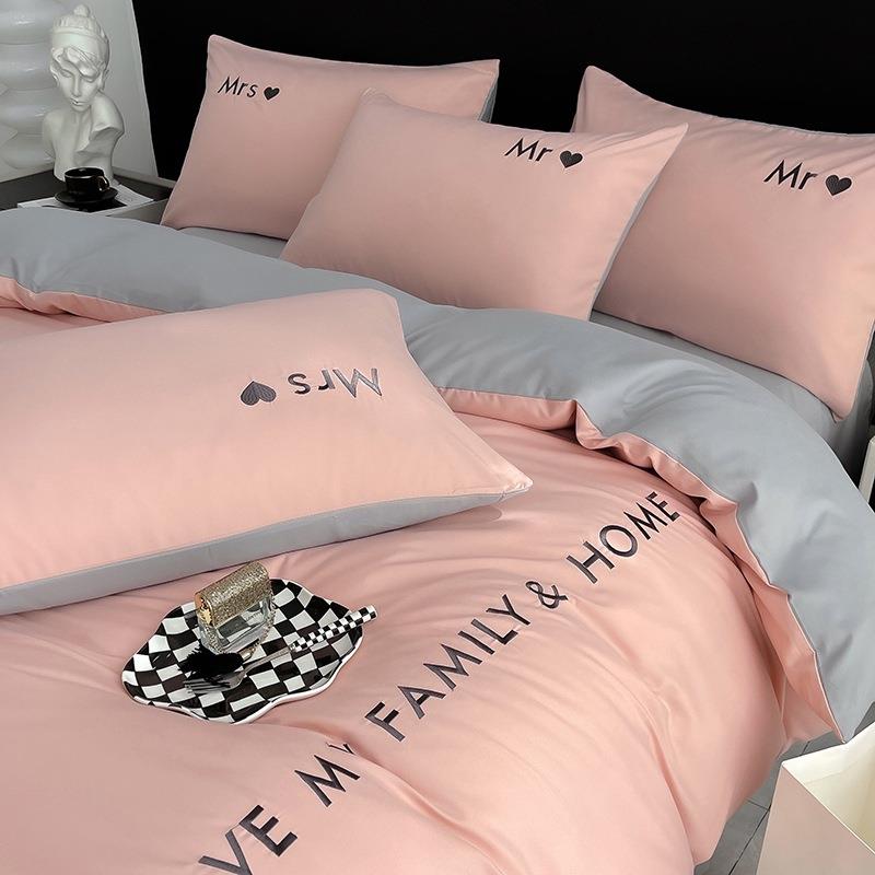 裸睡0水洗磨毛棉四支套纯色床笠简约件124568刺绣被6套床单三件套