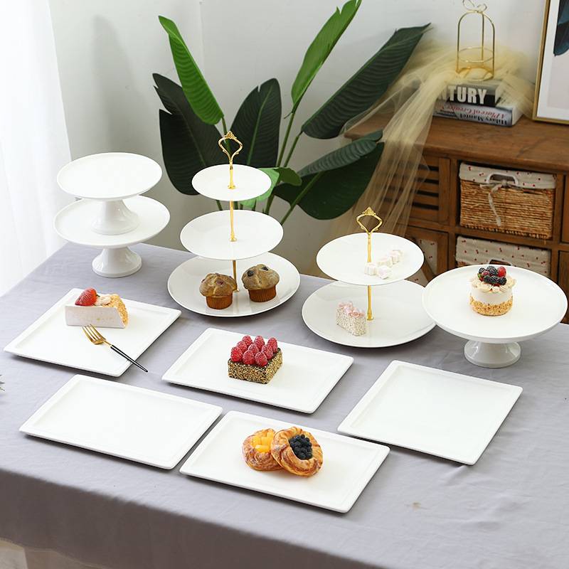 白色甜品台展示架摆件布置陶瓷茶歇甜品托盘摆盘订婚蛋糕摆台