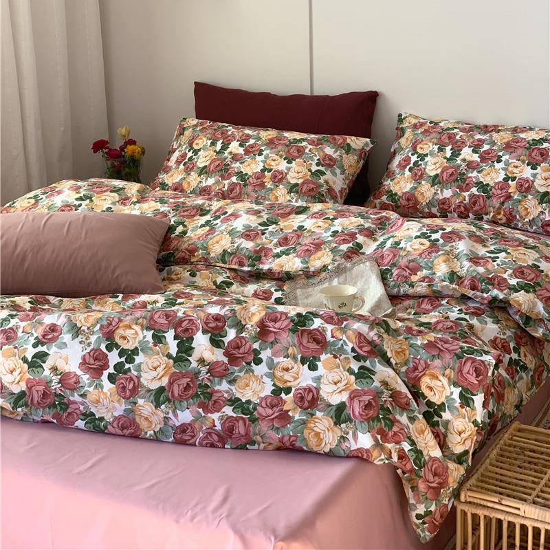 BK9K美复古田玫花全棉四件套式超浪漫园风花卉纯瑰棉被F6M858套床