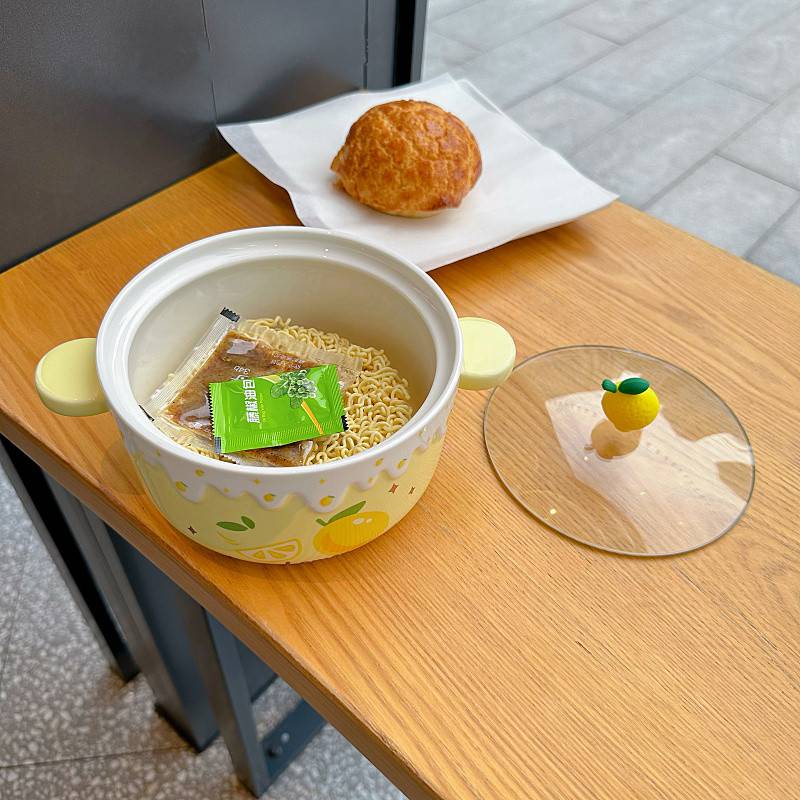 卡通可爱双耳水果沙拉碗带盖泡面碗学生宿舍用大容量圆形吃饭面碗