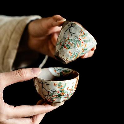 手绘老岩泥茶杯复古粗陶品茗杯柴烧创意中式纯手工主人杯单杯