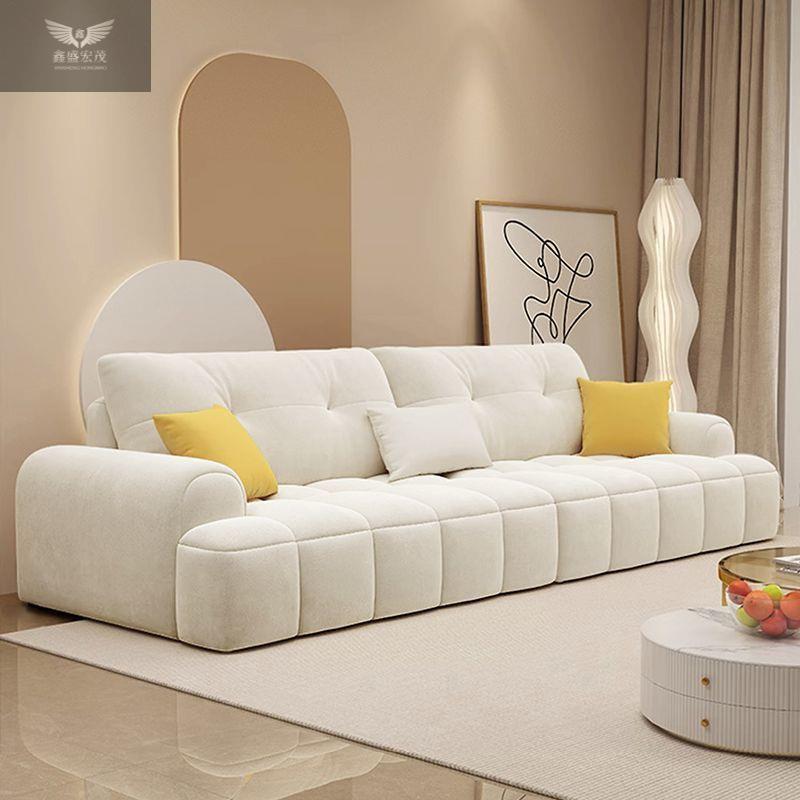 现代简约奶油风布艺沙发客厅小户型拼色猫抓绒布三人直排云朵沙发