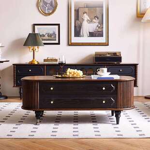 诺森茶几法式复古实木电视柜收纳储物柜一体椭圆形茶桌中古风茶几