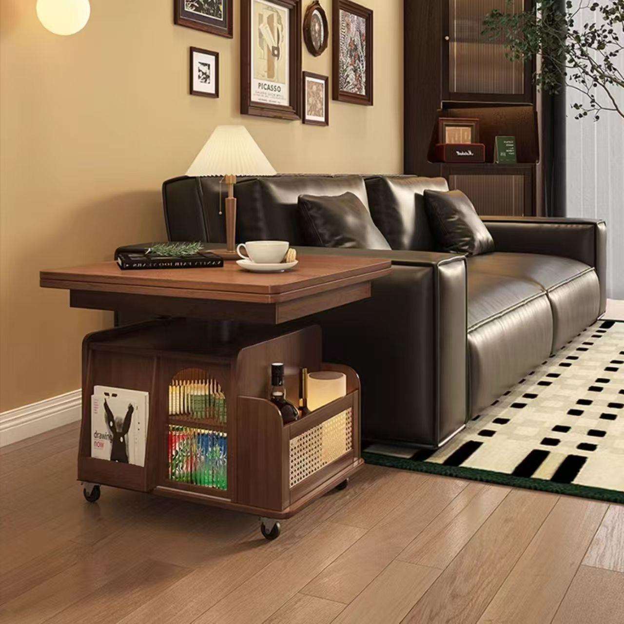 实木升降茶几移动推车茶桌折叠餐桌茶台多功能客厅沙发边柜