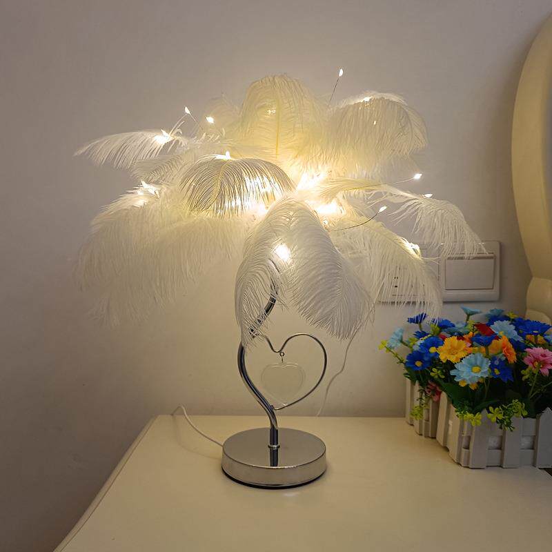 驼DD090鸟台毛灯羽毛台灯心翼饰水晶驼鸟灯台白色粉色卧室床头装