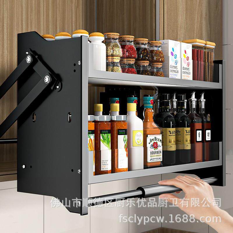 厨房吊柜璃升降拉篮玻璃味调篮橱柜阻尼冲式碗玻碟69缓收纳升降机