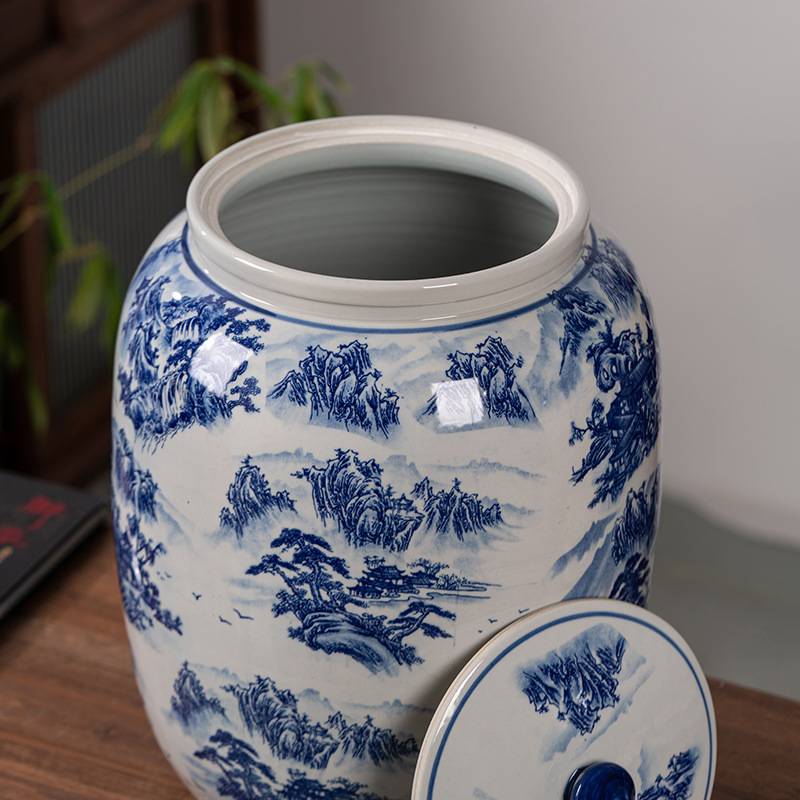 景德镇青花陶瓷米缸密封带盖厨房面缸油罐防虫防潮加厚大号储物罐