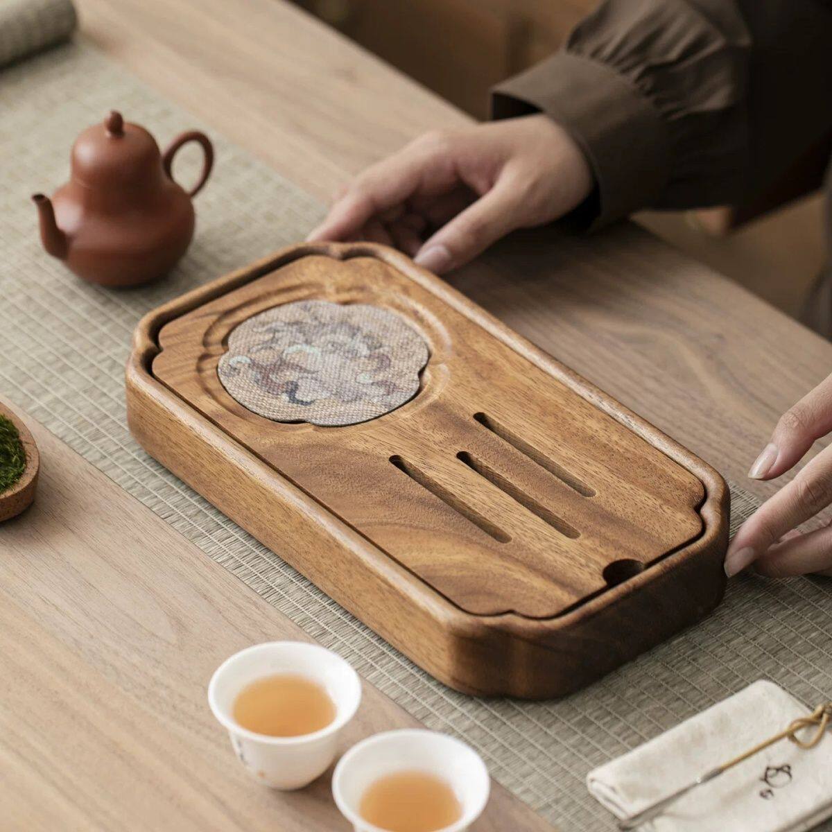 胡桃木新中式福满堂储水茶盘实木家用现代轻奢干泡台壶承茶台托盘
