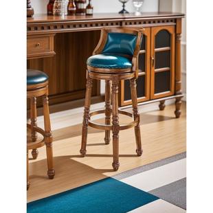 美式 实木吧台椅圆复古吧凳靠高脚凳背酒旋7120AB转 吧椅家用欧吧式