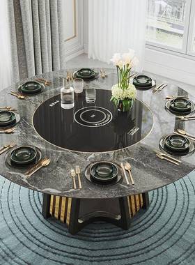 电磁菜板实木轻奢家用米暖白色岩板带809白餐桌圆圆炉形人1桌0儿