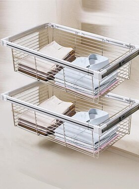 伸缩衣柜衣拉篮抽屉式收纳篮藤橱不锈钢拉拉内置裤架家用柜子推置