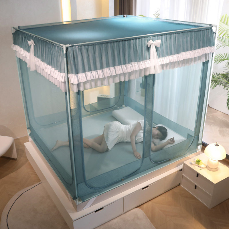 五开门自连接烤漆外穿杆坐床蚊帐三开门防摔家用方帐加密加厚支架