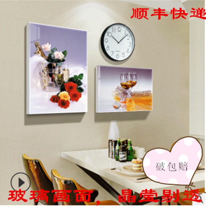 现代简约餐厅客厅装饰画背景墙挂画冰晶玻璃画香槟红酒杯钟表组合图片
