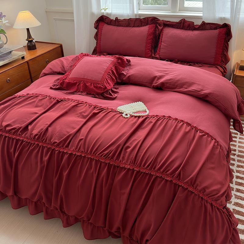 法式酒红色全棉夹棉床盖四件套公主风褶皱被套纯棉结婚庆床单床品