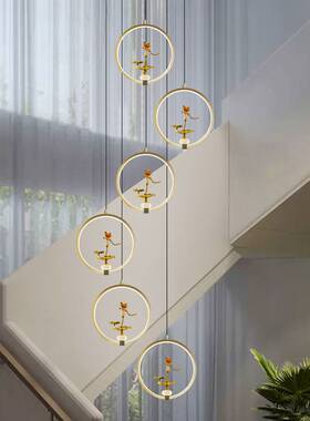 中国风全铜楼梯灯新中式别墅酒店阁楼旋转楼梯间长吊灯loft中空灯