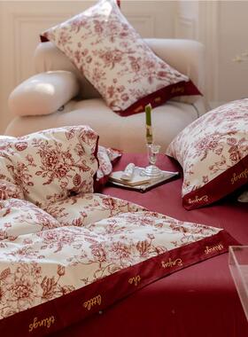 端庆轻奢长绒婚棉四件套红色结印花纯棉被套高床单喜被陪嫁YRJ01