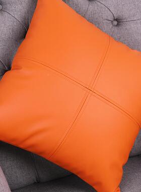 早春爽p仿u皮柔软橙灰色纯色设计感抱套汽HYutqxkw车腰枕午睡沙发