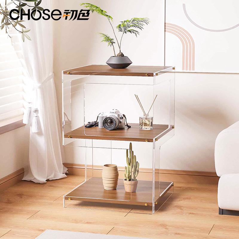 简理约多层落地置架透亚克力明木制物床头柜边几卧室整AA-CJ03收