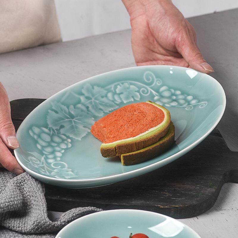 盘陶BIZ瓷盘家用高档餐盘长摆盘鱼盘餐具盘子酒青瓷蒸汤鱼水果店