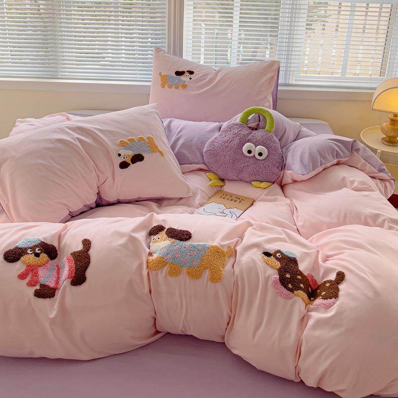 2025毛巾绣棉单20250112水套简约风双拼纯色刺绣被罩被家用床品加,床上用品,学生床品套件,淘宝优惠券,粉丝福利购,淘宝优惠卷